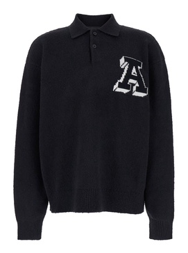 Black Long Sleeve Polo Sweater With A Jacquard In Cotton Blend Man