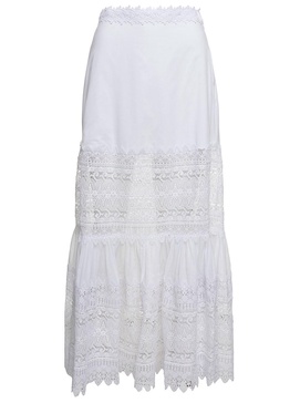 Viola White Flounced Skirt With Lace Inserts In Cotton Blend Woman