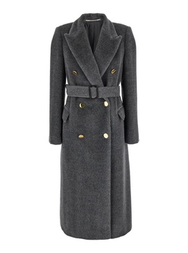 'Jole' Grey Double-Breasted Coat with Waist Belt in Alpaca Blend Woman