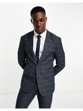 New Look skinny suit jacket in gray & blue check