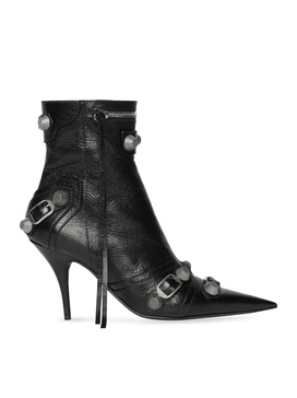 BALENCIAGA Women's Black Pointed Toe Ankle Boots with Stud, Tassel, and Zip Detailing