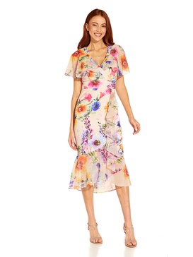 Adrianna Papell Women's Floral Faux Wrap Ruffle Dress