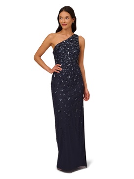 Adrianna Papell Women's One Shoulder Beaded Gown, Dusty Navy