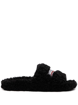 Women's Furry Slide Sandal in Black/white/red