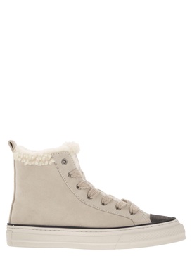 Brunello Cucinelli Suede Trainers With Shearling Lining And Jewelled Toe Cap