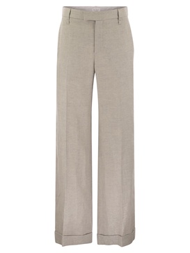 Brunello Cucinelli Flared Loose Fitting Trousers In Sparkling Linen Twill With Necklace