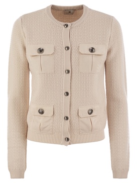 Elisabetta Franchi Bouclé Wool Cardigan With Technical Sail Cloth Pockets