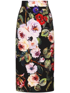 Dolce & Gabbana Flower Printed Silk Charmeuse Longuette Tubino Skirt