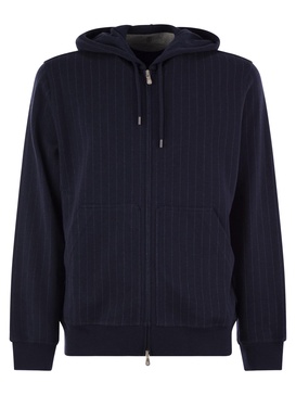 Brunello Cucinelli Double Pinstripe Fleece Topwear In Cotton, Cashmere And Silk With Zip And Hood