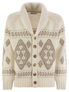 Brunello Cucinelli Geometric Jacquard Cashmere Feather Cardigan With Shawl Collar