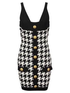 BALMAIN Sleeveless Black Knit Dress with Embossed Gold Buttons for Women