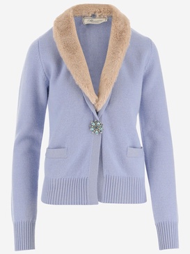 Blumarine Wool Blend Cardigan With Faux Fur Collar