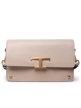 TOD'S Nude Leather Handbag with Gold-Tone T Timeless Detail