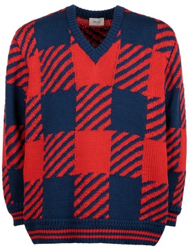 checked V-neck cotton jumper