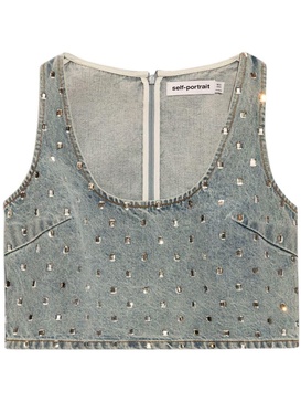 Self Portrait Denim Top Embellished With Rhinestones