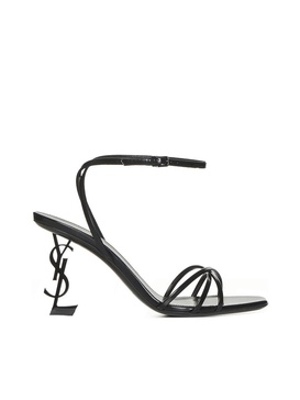 SAINT LAURENT Black Leather Sandals with Metallic Sculpture Heels and Adjustable Ankle Strap