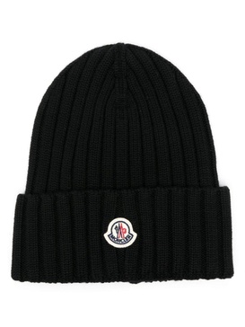 Black Wool Beanie With Logo Patch