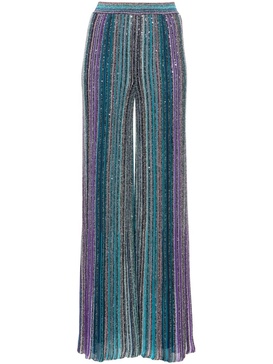 Blue Sequin-Embellished Striped Palazzo Pants