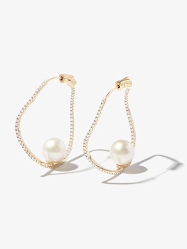 14K yellow gold Wave diamond pearl hoop earrings