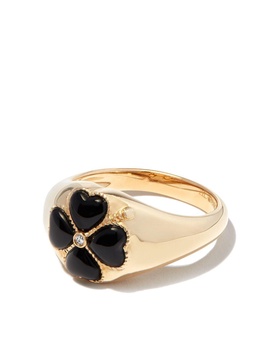 9K Yellow Gold Onyx Flower Diamond Signet Ring