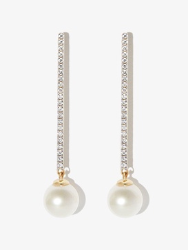 14K yellow gold diamond pearl drop earrings