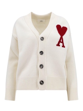 AMI Paris Ami de Coeur Logo Intarsia-Knit V-Neck Cardigan