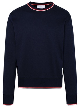 THOM BROWNE Men's Blue Crew-Neck Sweatshirt with Contrasting Trimmings and Ribbed Edges