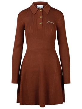 Ganni Logo-Embroidered Long-Sleeved Knitted Polo Dress