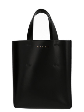 MARNI Mini Museo Black Leather Tote Handbag with Gold-Tone Accents and Removable Pouch