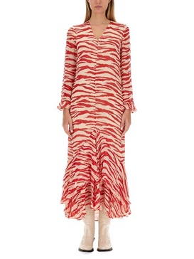 Ganni Tiger-Printed V-Neck Ruffled Maxi Dress