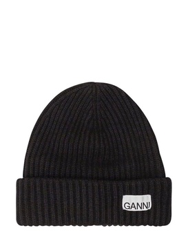 Black Fisherman Rib Beanie with Logo Patch in Wool Blend Woman