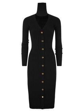 Elisabetta Franchi Ribbed Viscose Midi Dresses With Button Placket