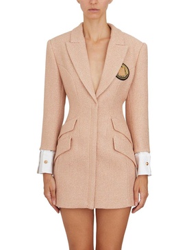 Elisabetta Franchi Logo Patch Laminated Tweed Coat Dress