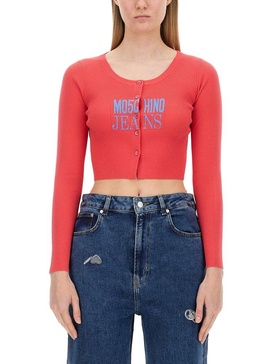 Moschino Jeans Logo Intarsia Knit Cropped Cardigan