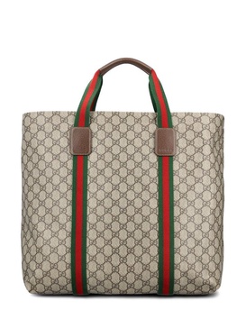 GG Supreme Leather-Trimmed Monogrammed Coated-Canvas Tote Bag