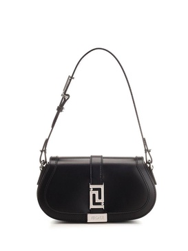 VERSACE Mini Goddess Black Leather Shoulder Bag with Silver Logo Buckle, Width: 21cm