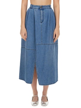 Alysi Slit-Detailed Pleated Denim Skirt