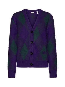 Purple Cardigan with Argyle Motif in Wool Woman