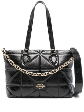 Black quilted synthetic leather shopping bag with gold chain