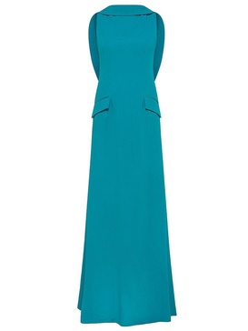 Long Satin Dress with Round Neckline and Ruffle