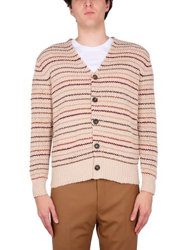 COTTON STRIPE PATTERN V-NECK SWEATER