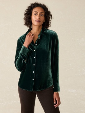 Stretch Silk Velvet Genevieve Shirt - Sea Moss