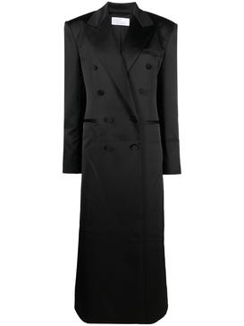 satin-finish double-breasted maxi coat