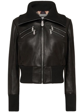 knitted-collar zipped leather jacket