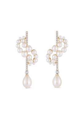 14kt yellow gold pearl and diamond curve form drop earrings