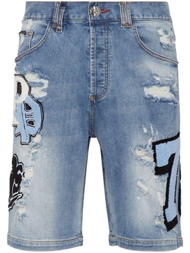 patch-detail distressed denim shorts