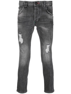 distressed straight-leg denim trousers