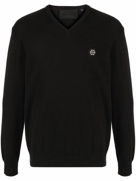 logo-patch V-neck jumper