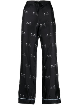 cat-print silk-satin wide-leg trousers