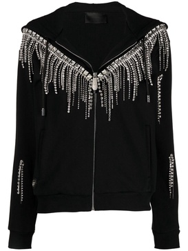 Crystal-fringe hooded zip-up